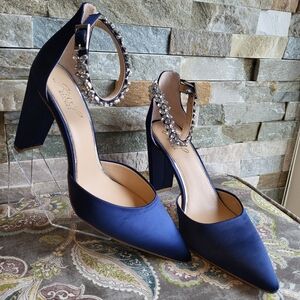 Badgley Mischka Jewel Ankle-Strap Navy Satin Pumps